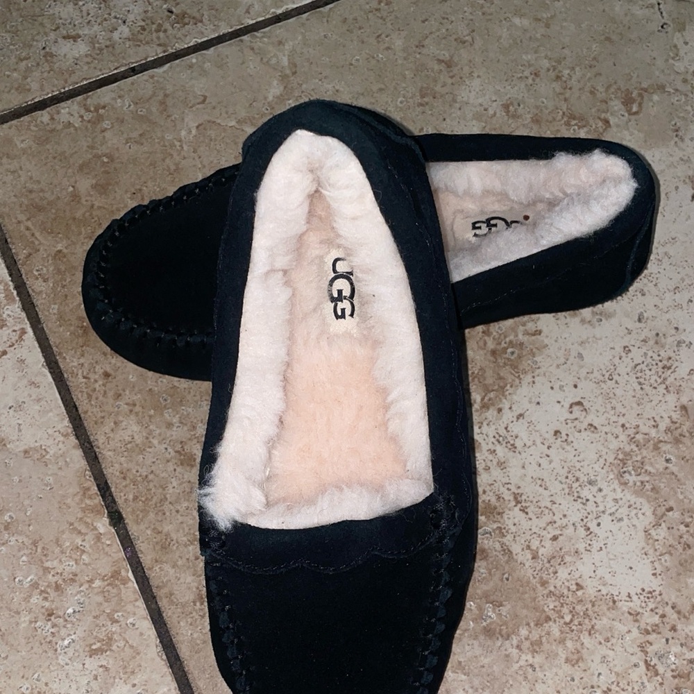 UGG Black Suede Moccasin Slippers with Cream Shearling